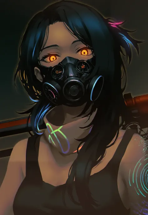 (limited palette:1.2), black background, colorful, (vibrant, glowing outline, neon hair, blacklight:1.2), looking at viewer, (side view:0.1), masterpiece, best quality, absurdres, very aesthetic, gas mask, orange eye