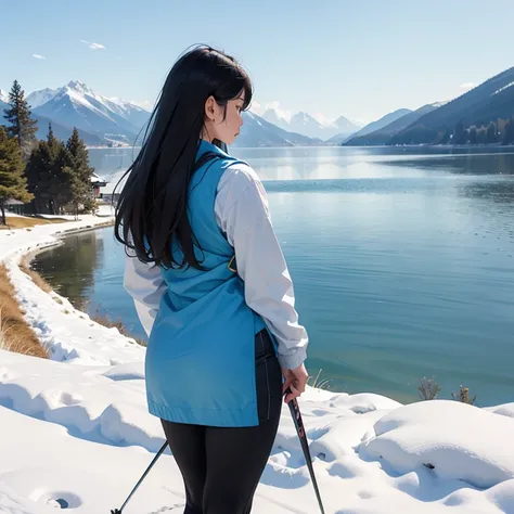 An asian woman is standing by the lake. View from behind. Wearing a vest and tight long skier. Wearing slipper.