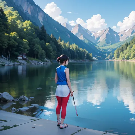 An asian woman is standing by the lake in Asia summer. View from behind. Wearing a vest and tight long skier. Wearing slipper.