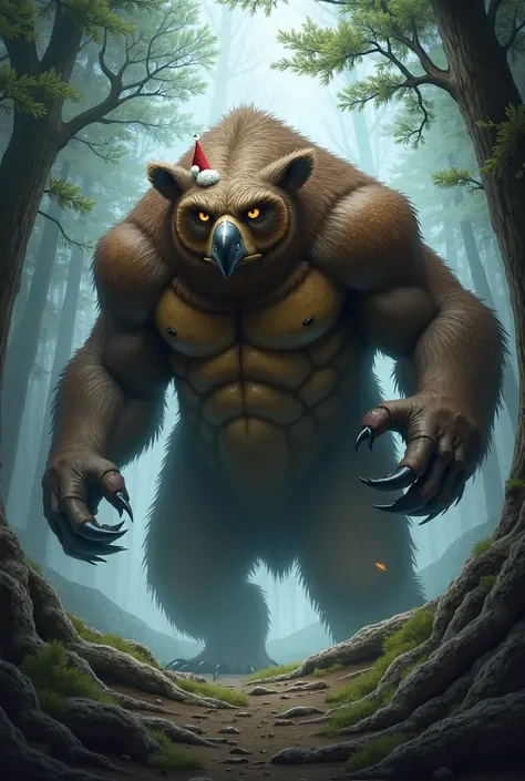 Create an image of a monster from RPG D&d, Natalimo owl bear wearing Christmas hat 