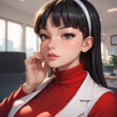 Black hair, dark brown eyes, pale, girl, yukiko amagi, office, red knitted turtleneck, black skirt, black leggings, hot, beautiful, close up on face