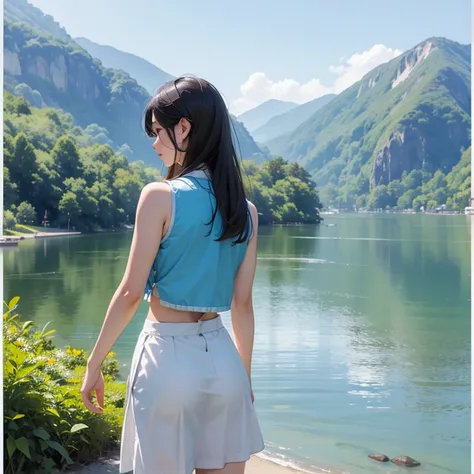 An asian woman is standing by the lake in Asia summer. View from behind. Wearing a short vest and tight long skirt. Wearing slipper.