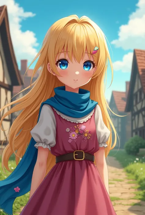 A little village girl with very long blonde hair and a bright blue eye wearing a bright blue scarf and a dark pink dress in the style of anime