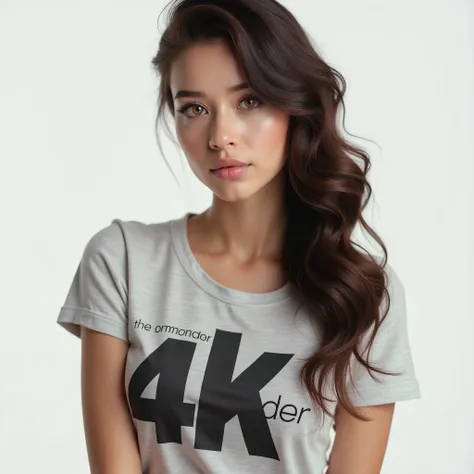 girl, 26 years old, Elegant hair model , very beautiful, light eyes,  written on the t-shirt :  The Commander 4k , very tight top.  very detailed image ,  super realistic , Maximum 4K resolution,  with white background. in front of the camera,  clothes ver...