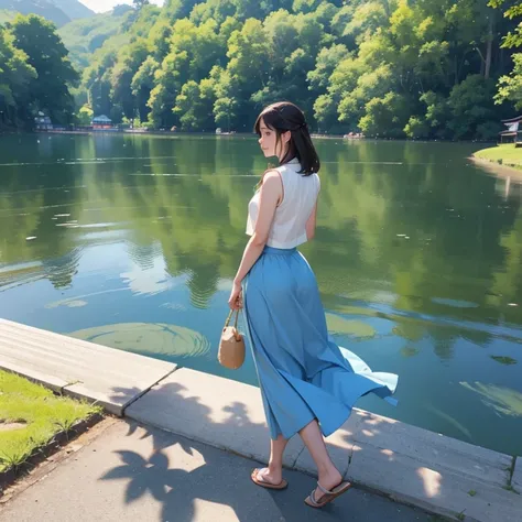 An asian woman is standing by the lake in Asia summer. Wearing a short vest blouse and tight long skirt. Wearing slipper.