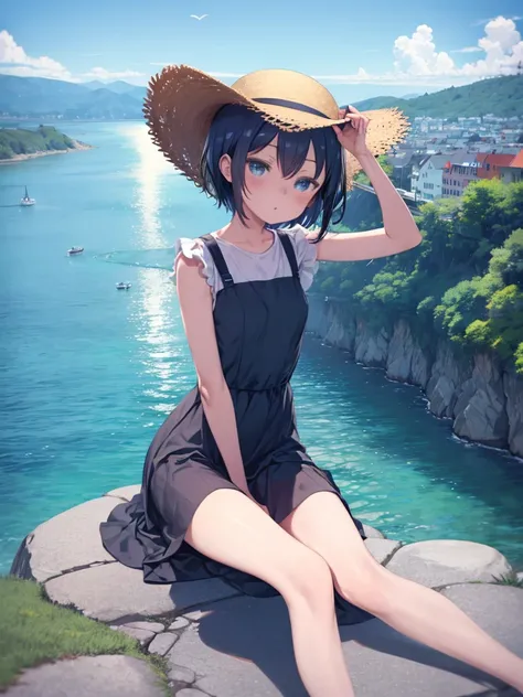 (masterpiece)、 top quality 、 super high res、in front_Misaki、 short hair、 cute、 black long dress、 Cobblestone Street 、Lonely face、Blue Sea、 beautiful scenery、 Straw Hat 、 viewers who have Miku、Wave a wave、Under the blazing sun、 beautiful girls、 blue sky、Blu...