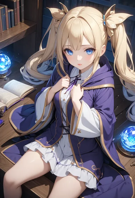 a sleeping girl with long blonde twin tails and blue eyes, wearing a mage robe and mini-skirt, sitting in her room at a desk, (best quality,4k,8k,highres,masterpiece:1.2),ultra-detailed,extremely detailed eyes and face,longeyelashes,beautiful detailed eyes...