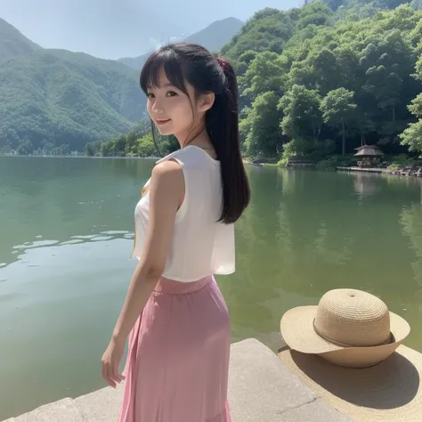 An asian woman is standing by the lake in Asia summer. Wearing a short vest blouse and tight long skirt. Wearing slipper.