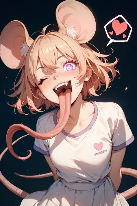 1 girl, open mouth, (one eye closed), smile, blush, stick out tongue, mouse ears, crazy eyes: 1.2, long tongue, fang, glowing eyes,kawaii, heart spoken,arms behind back,