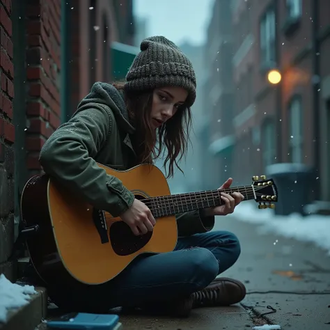 A homeless 22-year-old beautiful girl with a melancholic expression, her face slightly dirty and her torn clothes telling a story of struggle. Her hair is messy, some strands falling out from under a worn-out winter hat. she she is sitting on the ground ag...