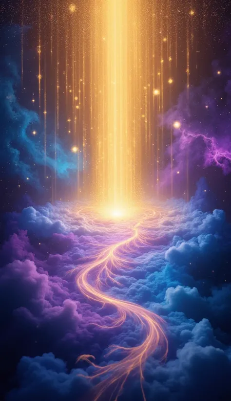 A hyper-realistic spiritual image featuring golden light beams and swirling energy in a cosmic space background. The composition includes shimmering stars, glowing orbs, vibrant nebulae in shades of blue and purple, and intricate patterns of celestial ener...