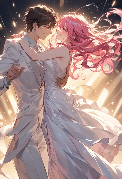 A girl and a guy are dancing. The guy is grinning, and the girl is unhappy. A girl should have long pink hair and a tight long dress. The guy should have curly golden hair and a nice white suit.