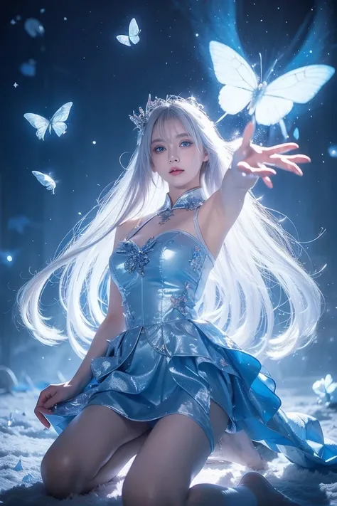 magical, white hairs, teenager,blue eyes, anime, female, longhairs, tidy, fantacy,blue tone, glowing blue butterfly, beautiful, blur behide, nightglow,divine , deity, night time, chinese dress, goddess, fantacy land, deity land, god land, angle, dream, mor...