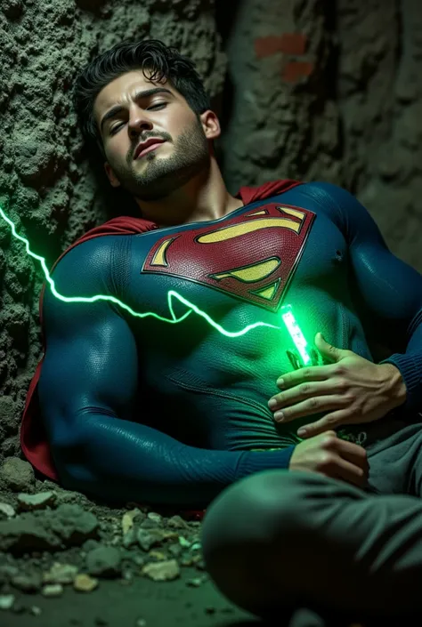  A muscular Cody Christian handsome muscular,tanned skin,chiseled jaw,strong physique, dressed in a tattered and torn Superman suit, with a blue suit, red and gold details, around 30 years old, with a small beard. He has a pained expression, with gloomy ey...