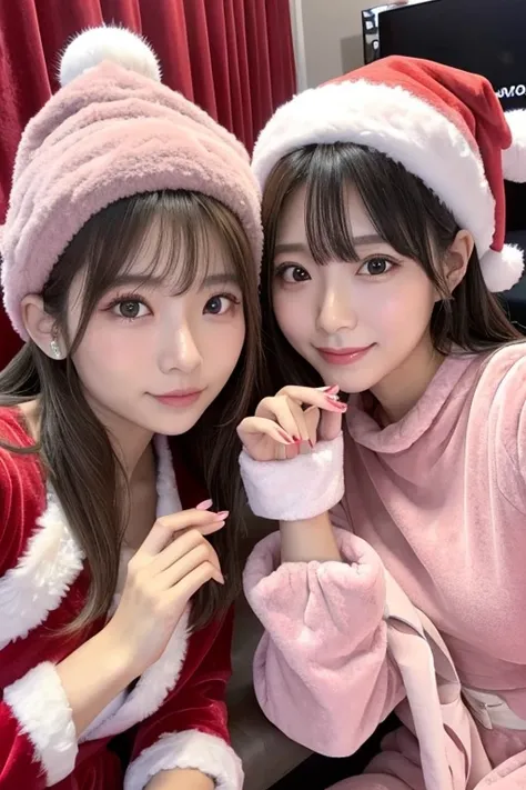 2 womans, japanese influencers are sitting and wearing a Dusty pink Velour Santa dress with ribbons and dusty pink velour santa hat with fluffy fur accents, Cluttered pastel Christmas room, gel nails,close up to their face, selfie, instagram