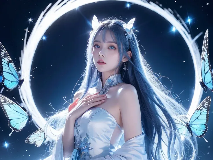 magical, white hairs, teenager,blue eyes, anime, female, longhairs, tidy, fantacy,blue tone, glowing blue butterfly, beautiful, blur behide, nightglow,divine , deity, night time, chinese dress, goddess, fantacy land, deity land, god land, angle, dream, mor...