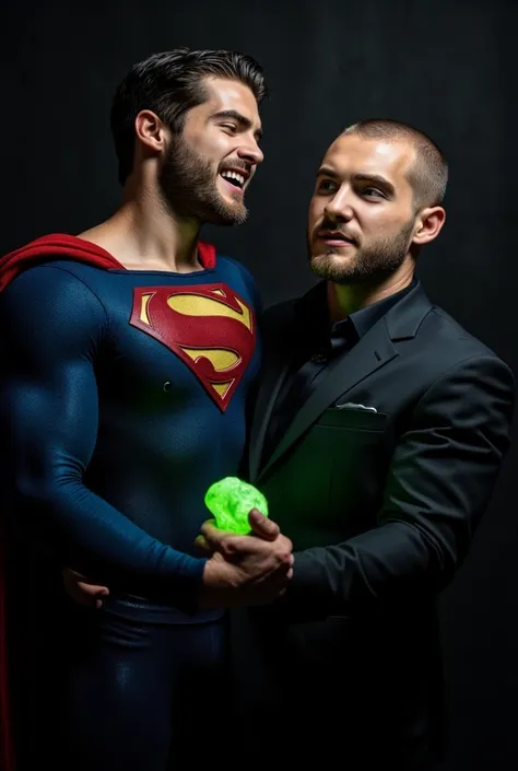 Portrait-style image featuring two men against a dark background. The man on the left has his back leaning on  the chest of other man, he looks like Cody Christian dressed in a Superman costume, characterized by a blue suit with a large red and yellow S em...