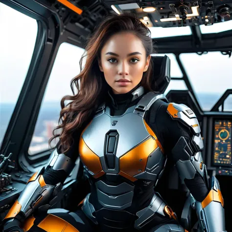 Highly detailed photo of a Women, SF soldier, 30yo, (Mech warrior of women mercenary, (body armor on bodysuit)), sitting like a queen, Stately and dignified, Very dissatisfied look, (headset, Powerful and beautiful eyes, (female bodybuilders body), 8K Ultr...