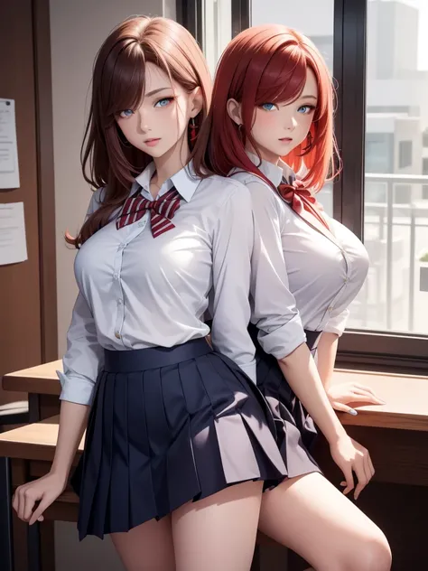    a beautiful girl,   red hair ,   Blue eyes  ,     bright eyes  , camisa blanca, pleated skirt, blue bowtie , school uniform, sexy legs , closed lips    ,    long hair,    High resolution, breasts  ,  Looking at the camera , pelo ondulado 