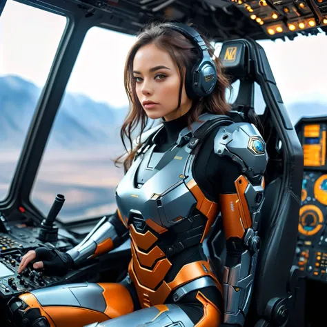 Highly detailed photo of a Women, SF soldier, 30yo, (Mech warrior of women mercenary, (body armor on bodysuit)), sitting like a queen, Stately and dignified, Very dissatisfied look, (headset, Powerful and beautiful eyes, (female bodybuilders body), 8K Ultr...