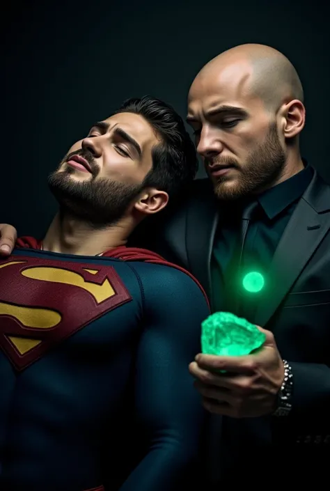 Portrait-style image featuring two men against a dark background. The man on the left has his back leaning on other man, he looks like Cody Christian dressed in a Superman costume, characterized by a blue suit with a large red and yellow S emblem on the ch...