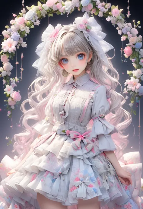 1 cute girl 、 ligne claire, contour deepening beautiful detailed glow, by famous artist,  head tilt, long white hair, curly hair, Air bangs, Grey hair, beautiful detailed hair, Beautiful face, ^ ^, lovely big eyes, flat chest, zettai ryouiki, ターコイズカラーのドレス ...