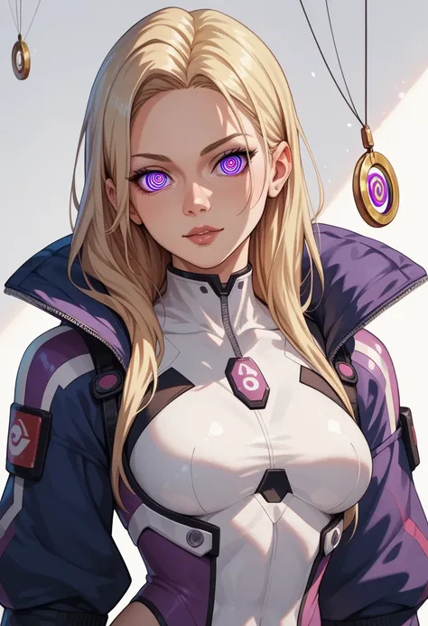 white female adult, athletic build, purple eyes, blonde hair, hypnosis themed hero suit, high quality, toriyama anime style, safe for work