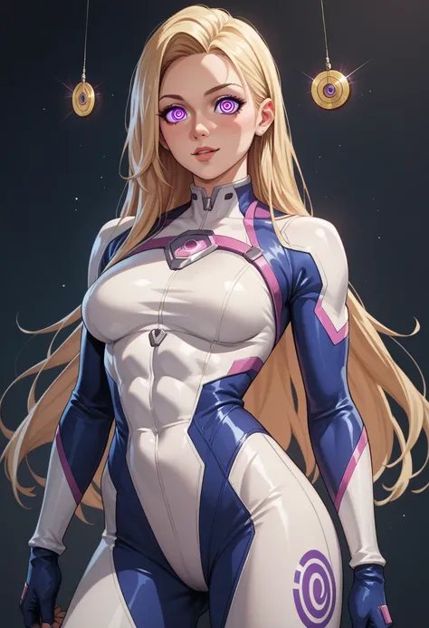 white female adult, athletic build, normal purple eyes, blonde hair, hypnosis themed hero suit, high quality, toriyama anime style, safe for work