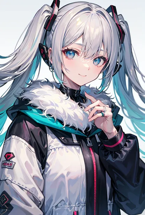  gray hair,Some blue-green hair ,Winter clothes,gloves, cute,brown, White Breath,smile,A ring on the side of the head,angel, twin tails,Hazy Eyes, pinkmuffler ,  high res, masterpiece, High detail ,  detail ,  wins numerous awards,  top quality ,  high def...