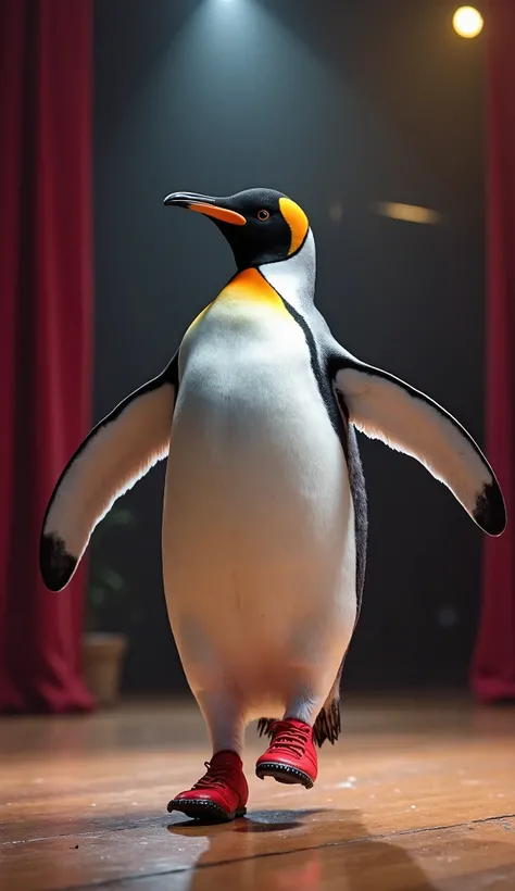 A penguin is tap dancing in red tap shoes,
the background is a stage, looking at the camera

Photo, high quality, real,