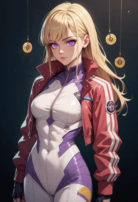 white female adult, athletic build, normal iris, purple-colored eyes, blonde hair, hypnosis themed hero suit with short jacket, high quality, toriyama anime style, safe for work