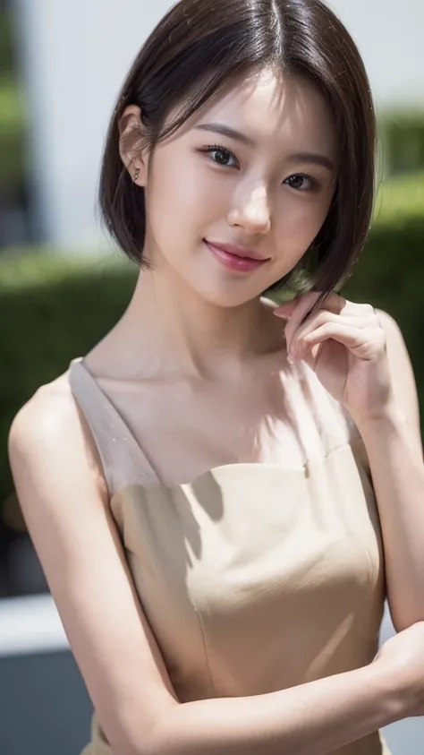 ( top quality ,masterpiece:1.3, super high res),( super detailed , caustics,8k),( realistic :1.4,RAW shooting), Japanese ,28 years old, cute, stares at the camera and smiles, black hair, short hair,Duck Mouth,Natural Cosmetics ,big , white blouse, Bust Up ...