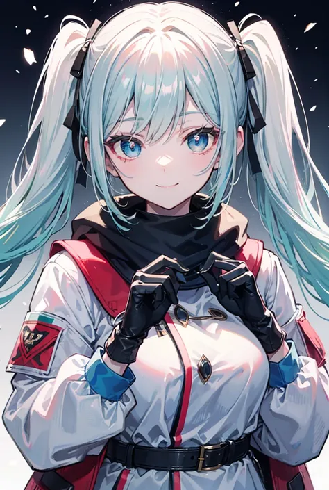  gray hair,Some blue-green hair ,Winter clothes,gloves, cute,brown, White Breath,smile,crown,angel, twin tails,Hazy Eyes, pinkmuffler ,  high res, masterpiece, High detail ,  detail ,  wins numerous awards,  top quality ,  high definition model ,  retina, ...