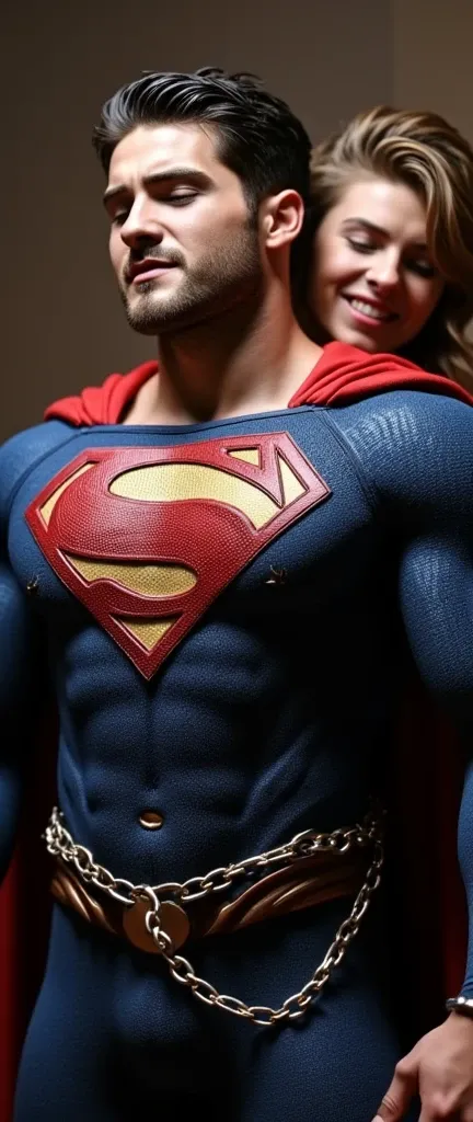 uhd, masterpiece, textured skin, super detail, high details, 8k, (a muscular Cody Christian, with a short beard and short dark hair, dressed in a Superman costume. He has a pained expression. He appears weak and in pain, with his eyes closed, bound by chai...