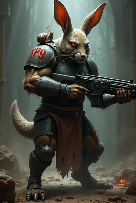   An evil killer gladiator hare with red eyes, Shooting with a gun  ,   in your armor is written xp9  ,   in the shoulder a small snail 