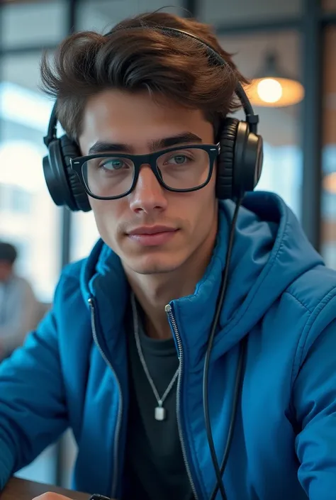 young man wearing jacket blue wearing glasses and headset