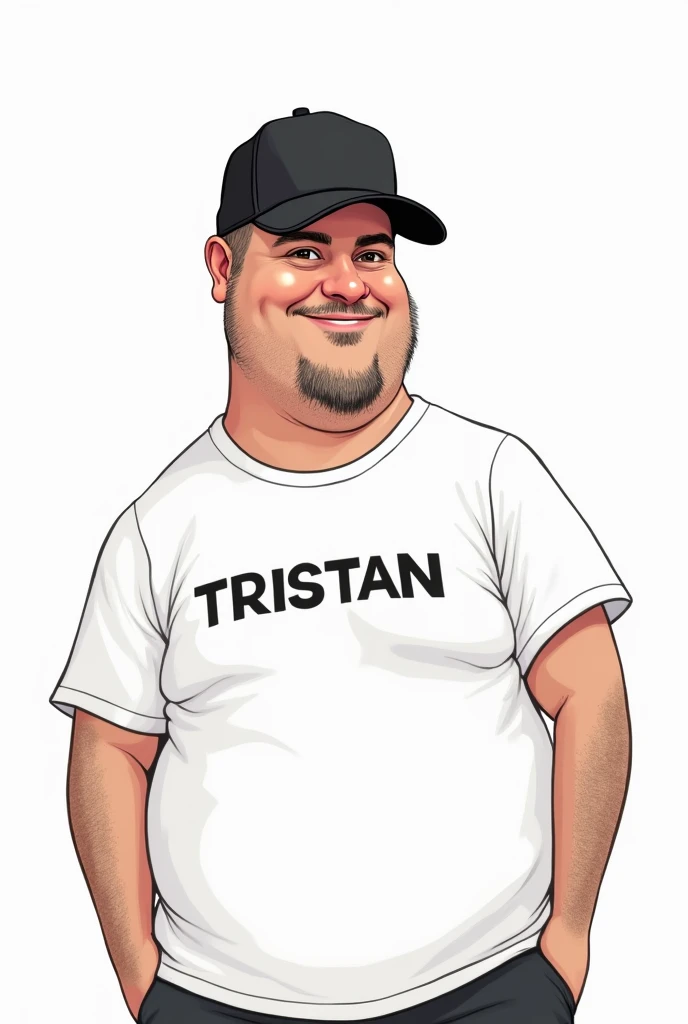 Draw a caricature of a person, a 40 year old man, wearing a black cap, He is fat and has very short hair, He is wearing a white t-shirt with the name TRISTAN written on the front of his t-shirt. Looking at viewer, 