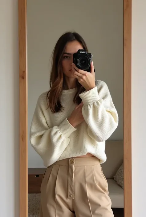 araffe woman taking a selfie in a mirror with a camera, a picture inspired by Esaias Boursse, instagram, happening, outfit photo, cropped wide sleeve, mirror selfie, beige, 8k)), 8 k ), thin waist, wearing a white sweater, wearing casual sweater, designed ...