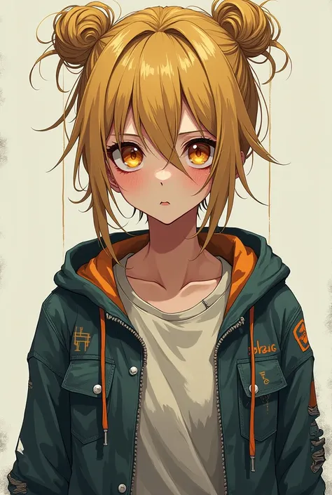 Anime girl  
with amber eyes and bruises under the eyes and a careless bun with blonde hair,she has grunge clothes and a neutral facial expression