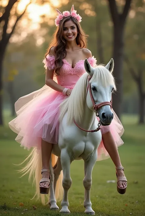  A tall, slim and busty Turkish girl sitting in a fairy costume and strappy high heels on a dainty pony for which she is too heavy. The pony is happy that she is sitting on him . photographed from the side 