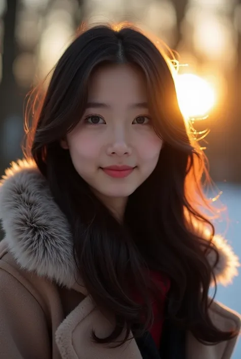  illuminating the girl 。 asian beauty with medium dark hair　Asian beauty with long dark hair in winter clothes 　Full body posture
Shooting from an oblique angle　Angle where you can clearly see a smile 　Beauty　Hi-Vision 8k 