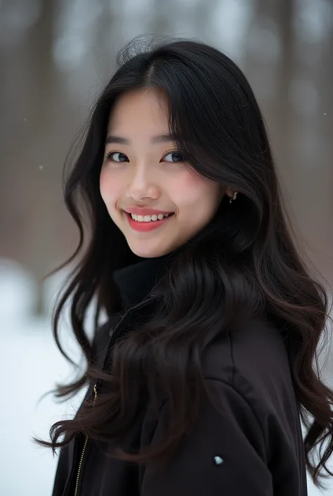  illuminating the girl 。 asian beauty with medium dark hair　Asian beauty with long dark hair in winter clothes 　Full body posture
Shooting from an oblique angle　Angle where you can clearly see a smile 　Beauty　Hi-Vision 8k 