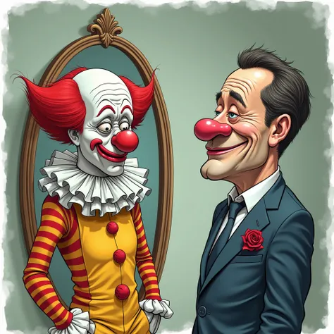 draw a caricature with an engaging clickbait format in a ressentiment caricature style. Let the idea be about reflection in the mirror as an analogy to the term .  Let the reflection in the mirror be in the form of a pathetic clown. The sad .  And the pers...