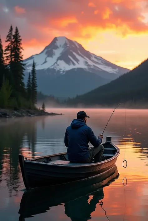  A man is sitting on a boat The little one that floats in a quiet lake. Around him,  there is a beautiful natural landscape :  a high mountain with a snowy peak in the distance ,  of lush green trees by the lake ,  and the twilight sky in stunning orange a...