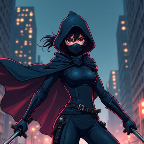 Adult Anime ninja girl warring sexy black armour with hoodie cloak and wearing face mask too. holding 2 sword action pose Maybe make it look like shes appearing literally from shadow
Background night buildings roof
Cartoon simple color art