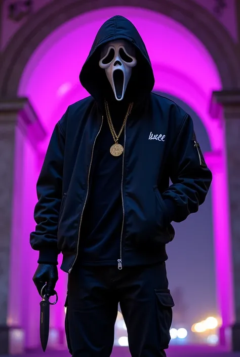 Ghostface Scream ,  black gloves,  black bomber jacket Nike ,  t-shirt written by Raval,  black pants Nike ,  Nike Air Jordan sneakers black , gold cord around the neck , knife in the right hand, ( purple backlight ) Barcelona Arc de Triomphe fund 