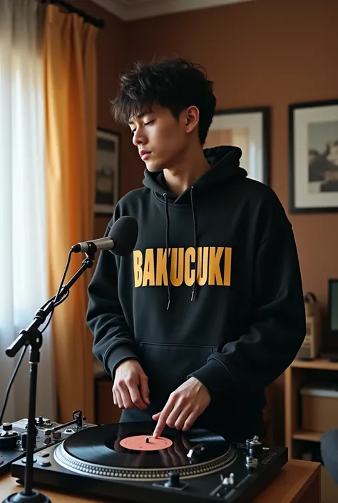 make a picture of a tall rapper man not AI but human, Asian race, face looking forward, there is a mic in front of him, playing a vinyl turntable and there is an audio mixer, wearing a hoodie that says BAKUCUKI with a retroholic font, bedroom background