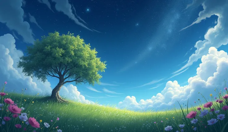 lua,  clouds and stars : a magical combination, Tree swaying in the wind. Grass and flowers 