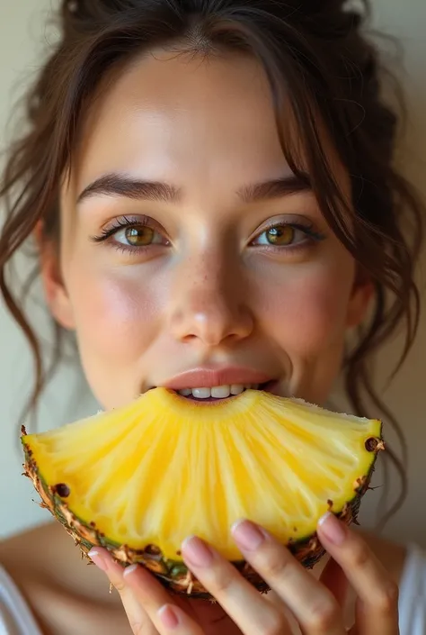 Girl with pineapple in mouth 