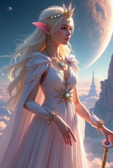 Alien landscape Cosmic Galaxy royal Alien Empire Sakurnia planets ,  Alien Female Crystal Elf Humanoid white skin Blonde wave hair brown hazel Eyes Kinmokian Etherian Pleaidian Osmanthus Fragance narcissus sakura Crystallix Teen Princess Imperial Astaría T...